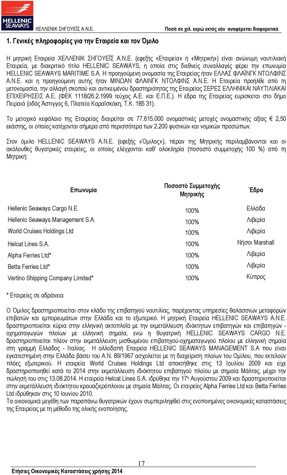 αιρεία ΧΕΛΛΕΝΙΚ ΣΗΓΟΥΕΪΣ Α.Ν.Ε. (εφεξής «Εταιρεία» ή «Μητρική») είναι ανώνυµη ναυτιλιακή Εταιρεία, µε διακριτικό τίτλο HELLENIC SEAWAYS, η οποία στις διεθνείς συναλλαγές φέρει την επωνυµία HELLENIC SEAWAYS MARITIME S.
