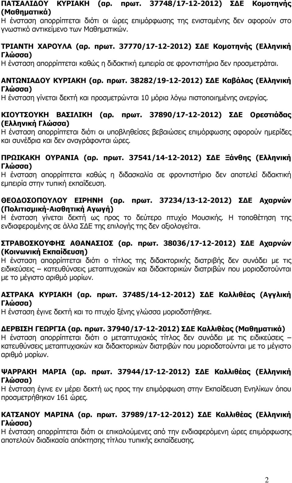 ΚΙΟΥΤΣΟΥΚΗ ΒΑΣΙΛΙΚΗ (αρ. πρωτ. 37890/17-12-2012) Σ Ε Ορεστιάδας (Ελληνική Η ένσταση απορρίπτεται διότι οι υποβληθείσες βεβαιώσεις επιµόρφωσης αφορούν ηµερίδες και συνέδρια και δεν αναγράφονται ώρες.