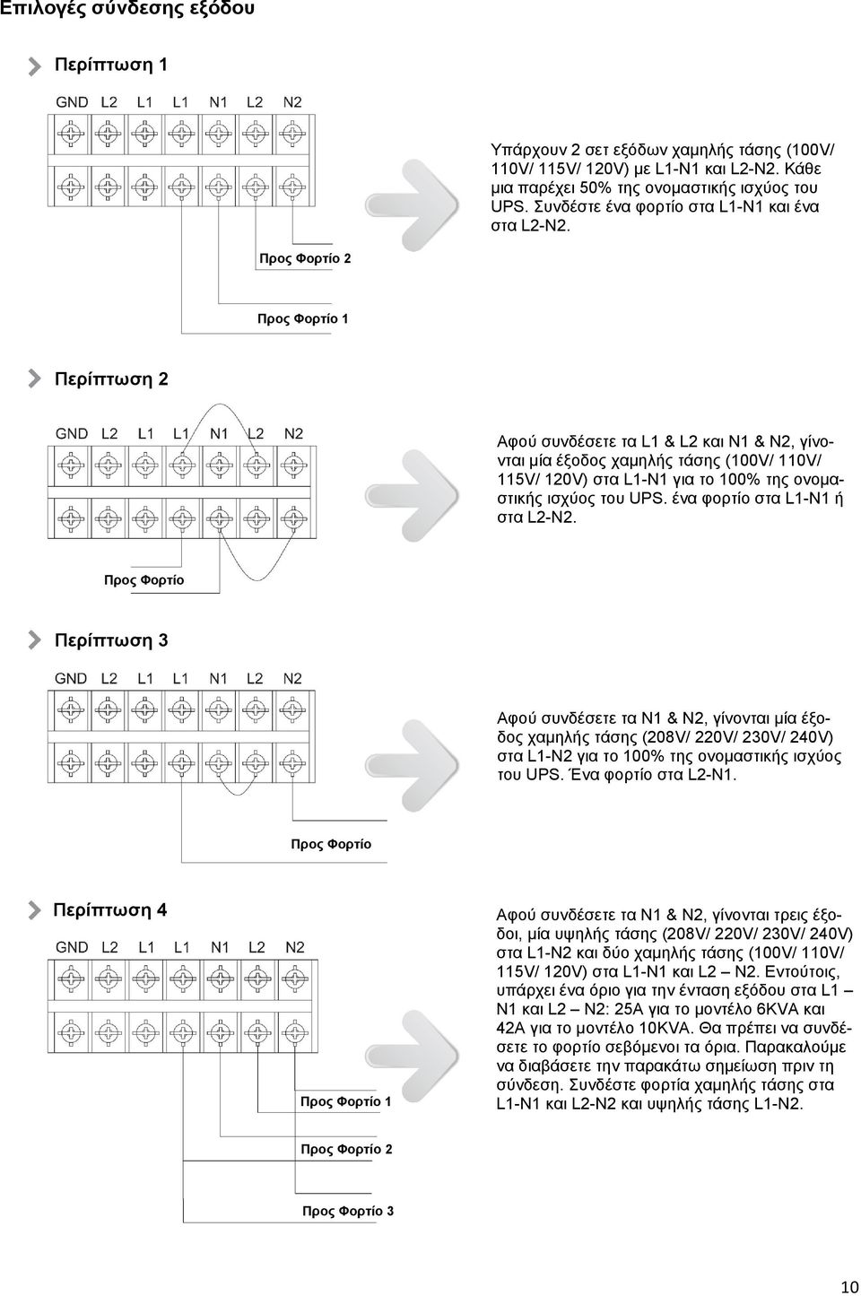 Προς Φορτίο 2 Προς Φορτίο 1 Περίπτωση 2 Αφού συνδέσετε τα L1 & L2 και N1 & N2, γίνονται μία έξοδος χαμηλής τάσης (100V/ 110V/ 115V/ 120V) στα L1-N1 για το 100% της ονομαστικής ισχύος του UPS.