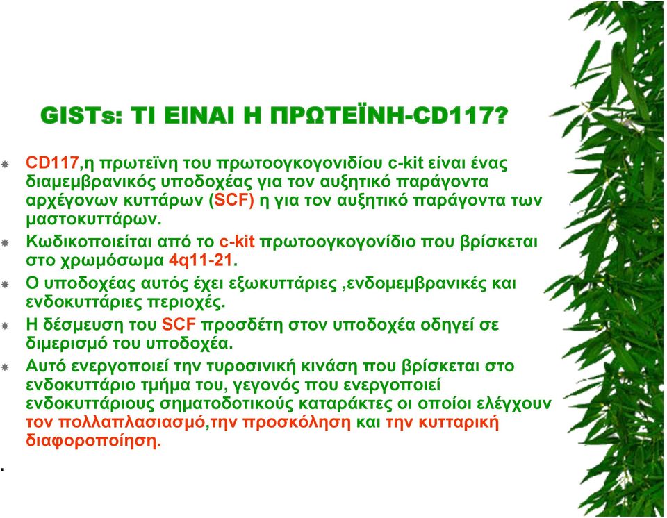 μαστοκυττάρων. Κωδικοποιείται από το c-kit πρωτοογκογονίδιο που βρίσκεται στο χρωμόσωμα 4q11-21.
