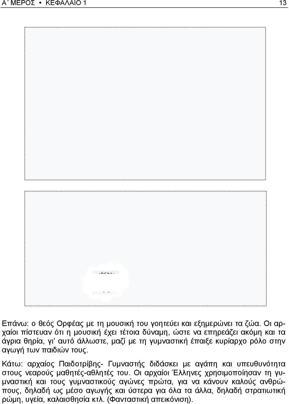 ρόλο στην αγωγή των παιδιών τους. Κάτω: αρχαίος Παιδοτρίβης- Γυμναστής διδάσκει με αγάπη και υπευθυνότητα στους νεαρούς μαθητές-αθλητές του.