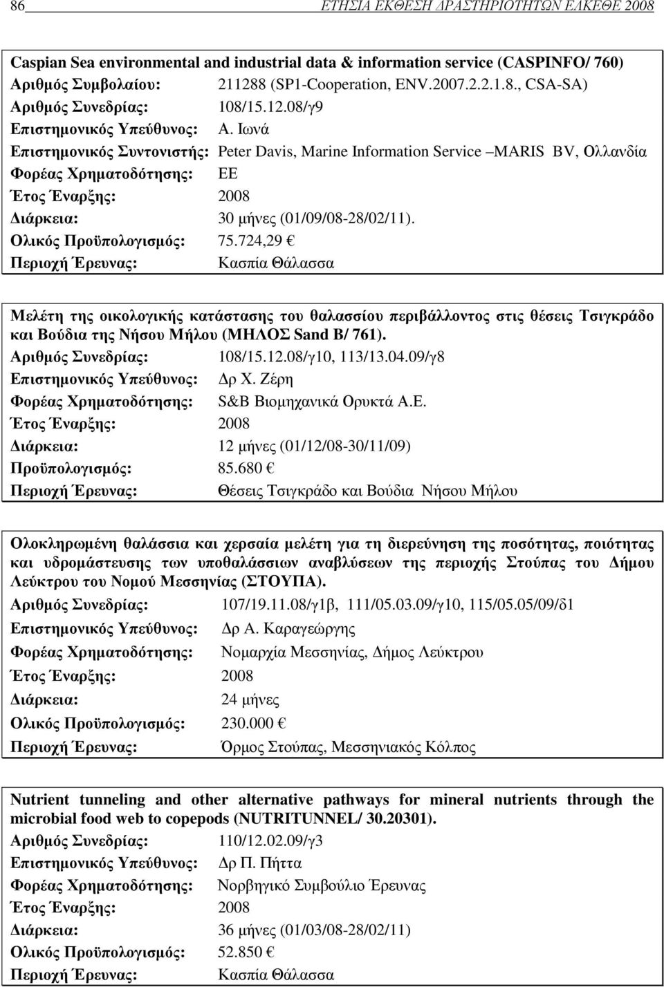 Ιωνά Επιστηµονικός Συντονιστής: Peter Davis, Marine Information Service MARIS BV, Ολλανδία Φορέας Χρηµατοδότησης: ΕΕ Έτος Έναρξης: 2008 ιάρκεια: 30 µήνες (01/09/08-28/02/11).