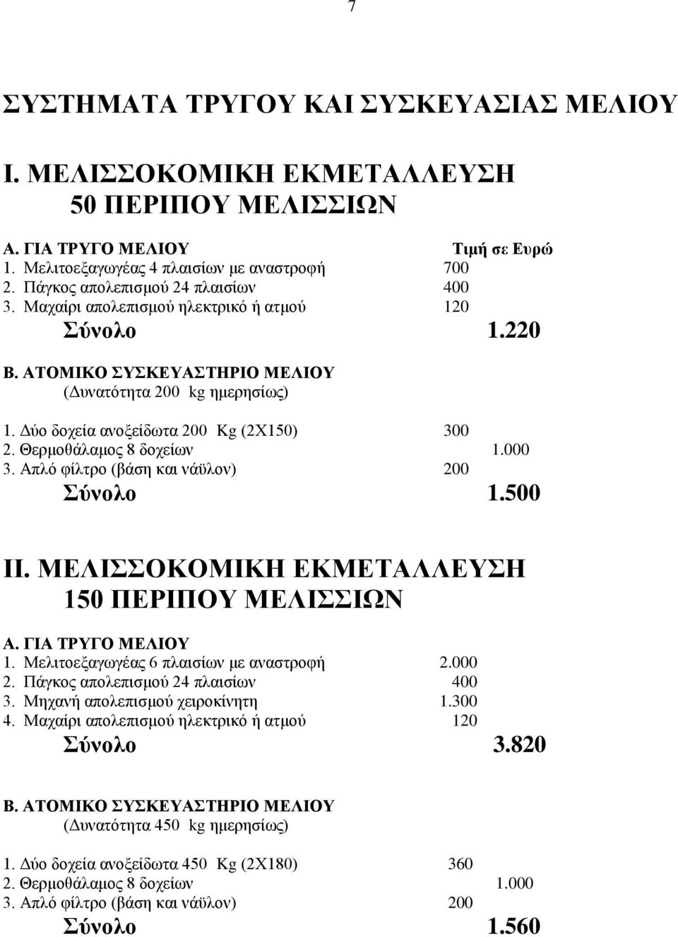 Δύο δοχεία ανοξείδωτα 200 Kg (2Χ150) 300 2. Θερμοθάλαμος 8 δοχείων 1.000 3. Απλό φίλτρο (βάση και νάϋλον) 200 Σύνολο 1.500 ΙΙ. ΜΕΛΙΣΣΟΚΟΜΙΚΗ ΕΚΜΕΤΑΛΛΕΥΣΗ 150 ΠΕΡΙΠΟΥ ΜΕΛΙΣΣΙΩΝ Α. ΓΙΑ ΤΡΥΓΟ ΜΕΛΙΟΥ 1.