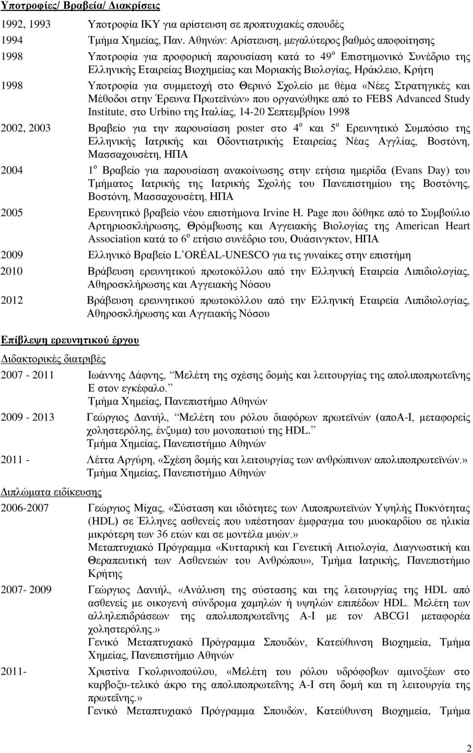 1998 Υποτροφία για συμμετοχή στο Θερινό Σχολείο με θέμα «Νέες Στρατηγικές και Μέθοδοι στην Έρευνα Πρωτεϊνών» που οργανώθηκε από το FEBS Advanced Study Institute, στο Urbino της Ιταλίας, 14-20