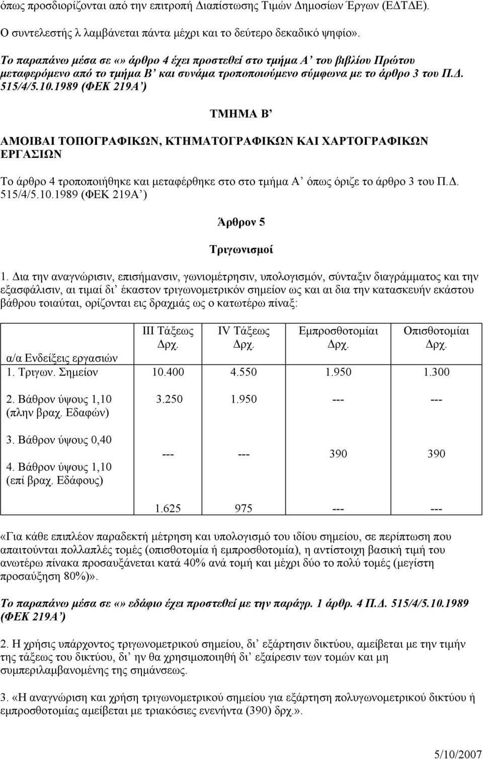 1989 (ΦΕΚ 219Α ) ΤΜΗΜΑ Β ΑΜΟΙΒΑΙ ΤΟΠΟΓΡΑΦΙΚΩΝ, ΚΤΗΜΑΤΟΓΡΑΦΙΚΩΝ ΚΑΙ ΧΑΡΤΟΓΡΑΦΙΚΩΝ ΕΡΓΑΣΙΩΝ Το άρθρο 4 τροποποιήθηκε και μεταφέρθηκε στο στο τμήμα Α όπως όριζε το άρθρο 3 του Π.Δ. 515/4/5.10.