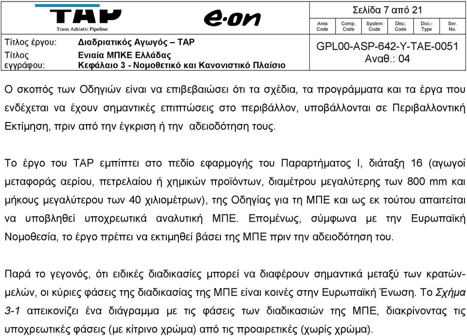 Το έργο του ΤΑΡ εμπίπτει στο πεδίο εφαρμογής του Παραρτήματος Ι, διάταξη 16 (αγωγοί μεταφοράς αερίου, πετρελαίου ή χημικών προϊόντων, διαμέτρου μεγαλύτερης των 800 mm και μήκους μεγαλύτερου των 40