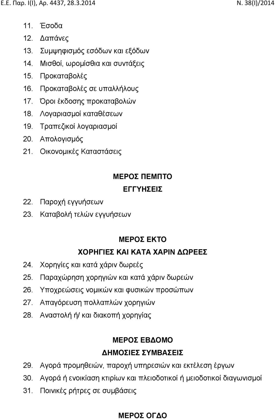 Καταβολή τελών εγγυήσεων ΜΕΡΟΣ ΕΚΤΟ ΧΟΡΗΓΙΕΣ ΚΑΙ ΚΑΤΑ ΧΑΡΙΝ ΔΩΡΕΕΣ 24. Χορηγίες και κατά χάριν δωρεές 25. Παραχώρηση χορηγιών και κατά χάριν δωρεών 26. Υποχρεώσεις νομικών και φυσικών προσώπων 27.