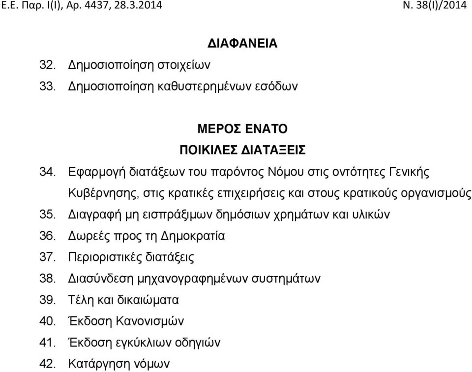 οργανισμούς 35. Διαγραφή μη εισπράξιμων δημόσιων χρημάτων και υλικών 36. Δωρεές προς τη Δημοκρατία 37.