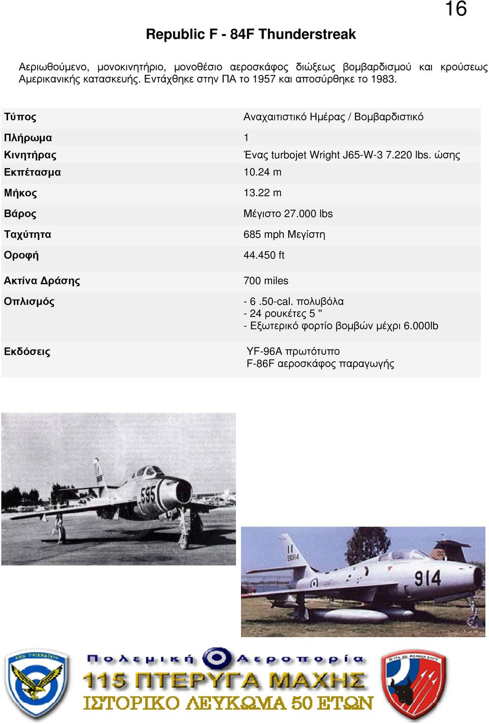 Τύπος Αναχαιτιστικό Ημέρας / Βομβαρδιστικό Πλήρωμα 1 Κινητήρας Ένας turbojet Wright J65-W-3 7.220 lbs. ώσης Εκπέτασμα 10.