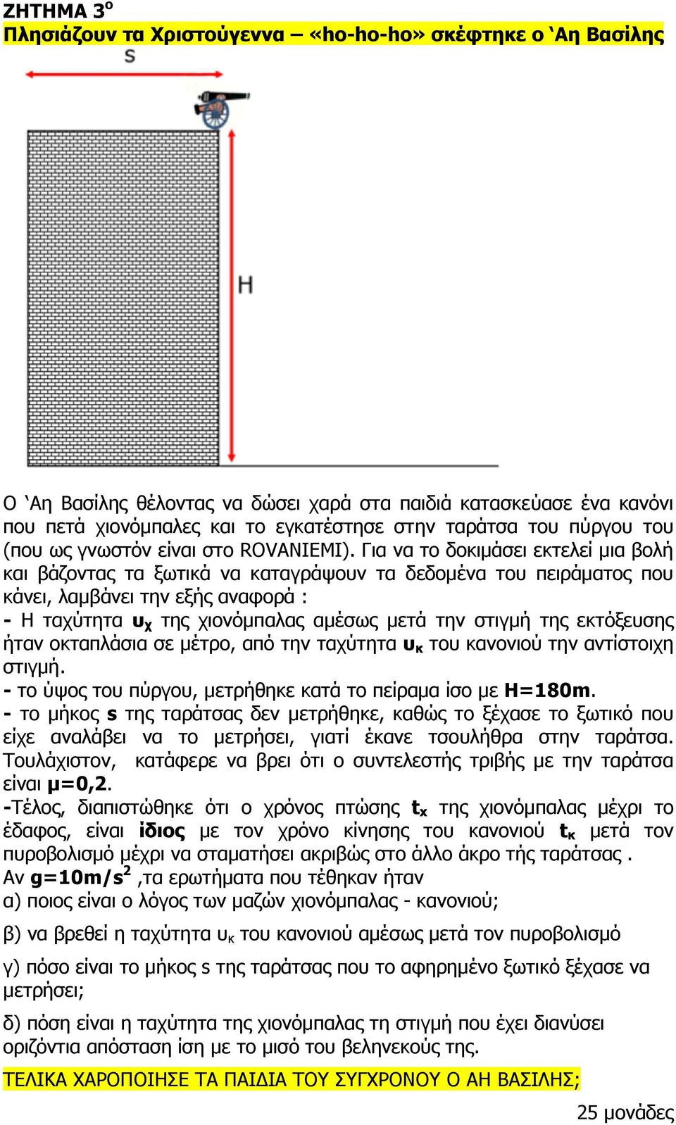 Για να το δοκιμάσει εκτελεί μια βολή και βάζοντας τα ξωτικά να καταγράψουν τα δεδομένα του πειράματος που κάνει, λαμβάνει την εξής αναφορά : - Η ταχύτητα υ χ της χιονόμπαλας αμέσως μετά την στιγμή