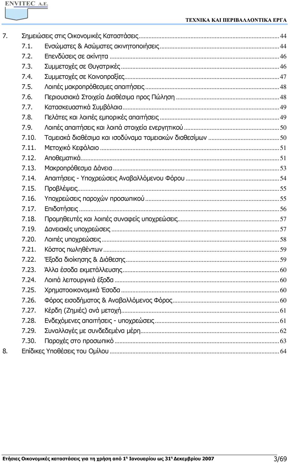 .. 50 7.10. Ταμειακά διαθέσιμα και ισοδύναμα ταμειακών διαθεσίμων... 50 7.11. Μετοχικό Κεφάλαιο... 51 7.12. Αποθεματικά... 51 7.13. Μακροπρόθεσμα Δάνεια... 53 7.14.