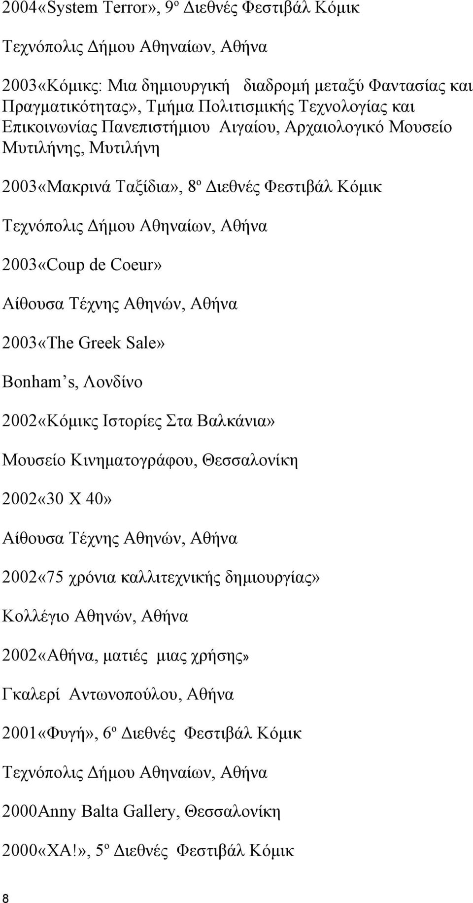 Αθηνών, Αθήνα 2003«The Greek Sale» Bonham s, Λονδίνο 2002«Κόμικς Ιστορίες Στα Βαλκάνια» Μουσείο Κινηματογράφου, Θεσσαλονίκη 2002«30 X 40» Αίθουσα Τέχνης Αθηνών, Αθήνα 2002«75 χρόνια καλλιτεχνικής