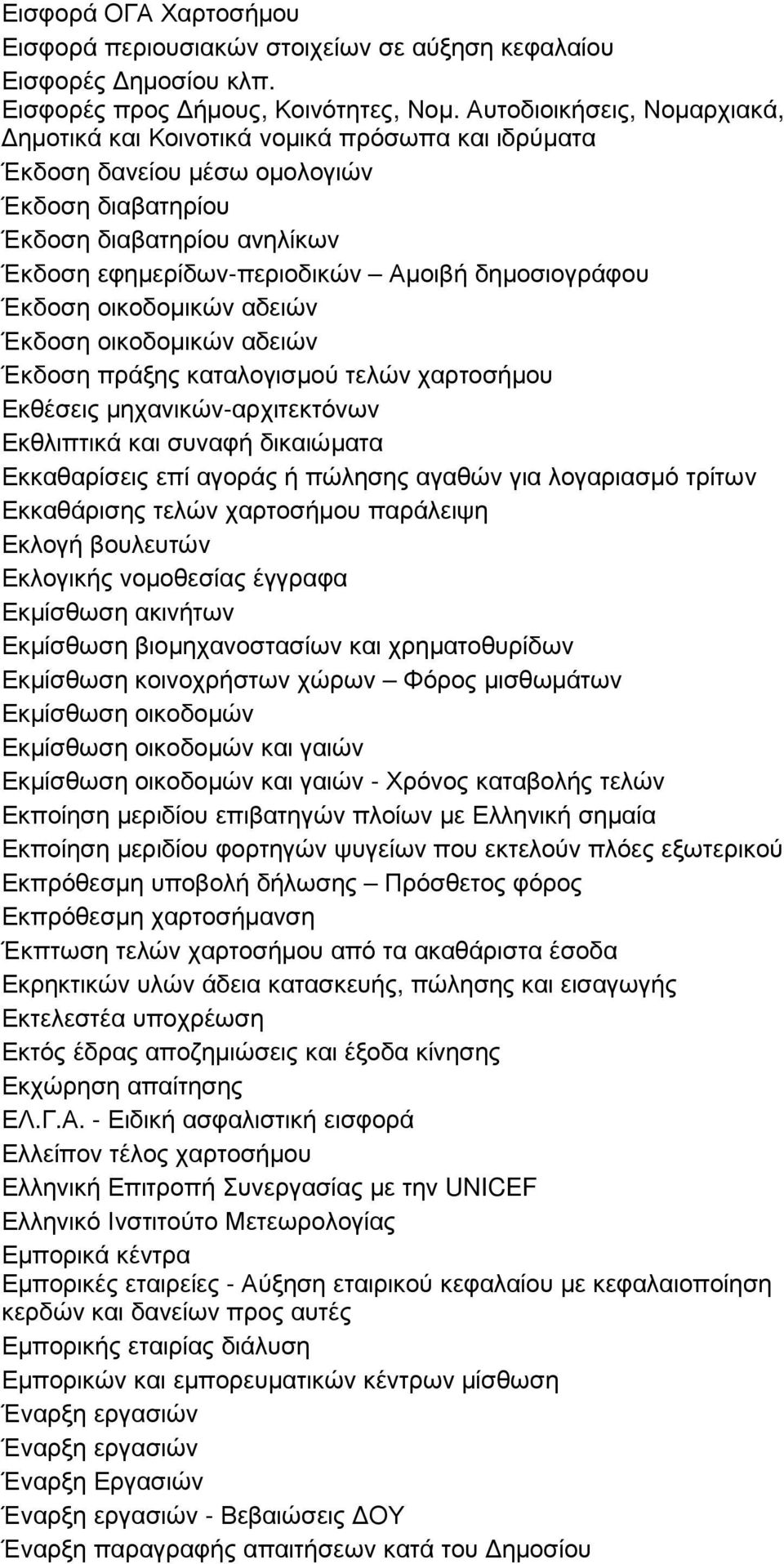 δηµοσιογράφου Έκδοση οικοδοµικών αδειών Έκδοση οικοδοµικών αδειών Έκδοση πράξης καταλογισµού τελών χαρτοσήµου Εκθέσεις µηχανικών-αρχιτεκτόνων Εκθλιπτικά και συναφή δικαιώµατα Εκκαθαρίσεις επί αγοράς