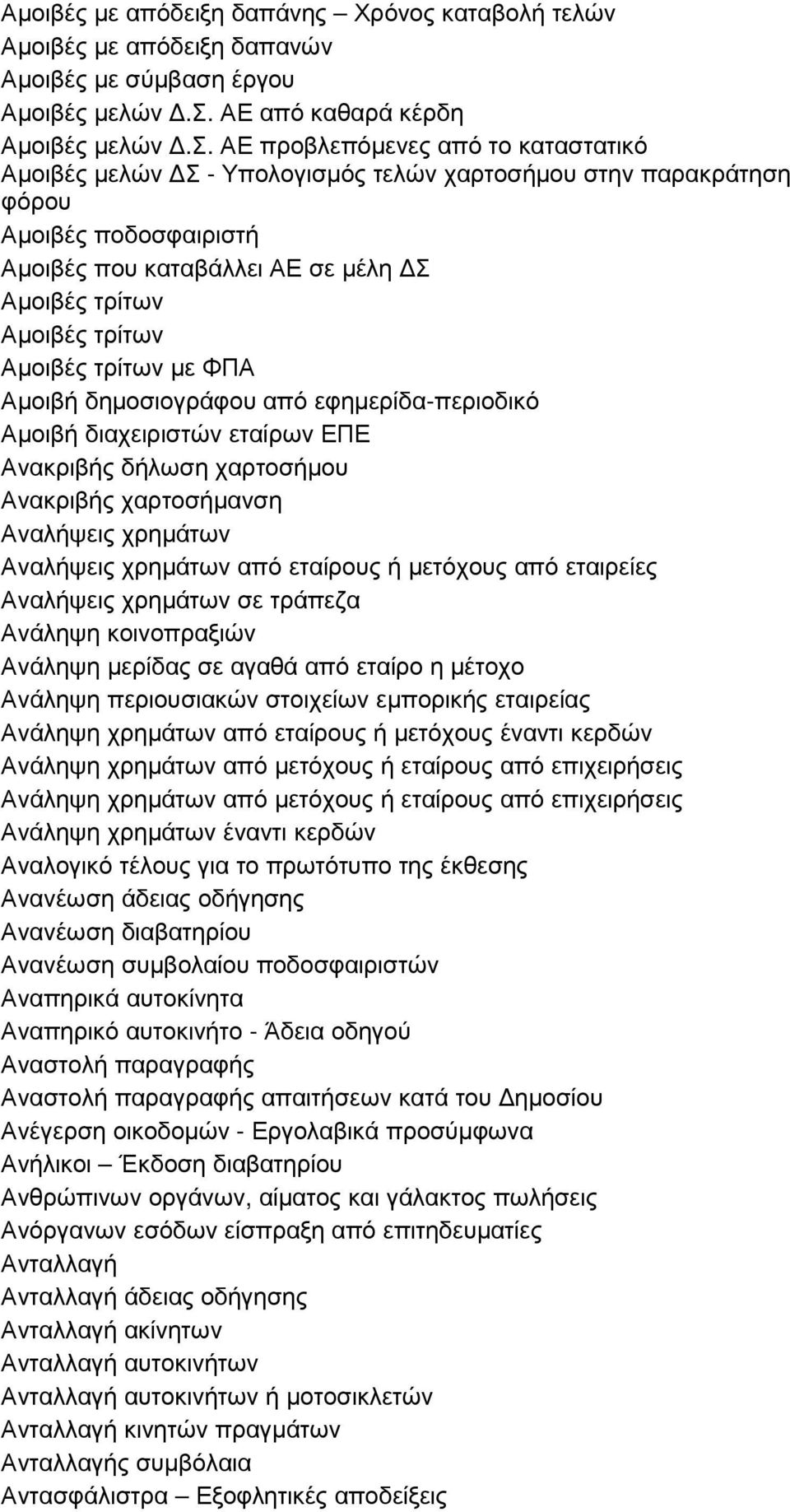 Αµοιβές που καταβάλλει ΑΕ σε µέλη Σ Αµοιβές τρίτων Αµοιβές τρίτων Αµοιβές τρίτων µε ΦΠΑ Αµοιβή δηµοσιογράφου από εφηµερίδα-περιοδικό Αµοιβή διαχειριστών εταίρων ΕΠΕ Ανακριβής δήλωση χαρτοσήµου