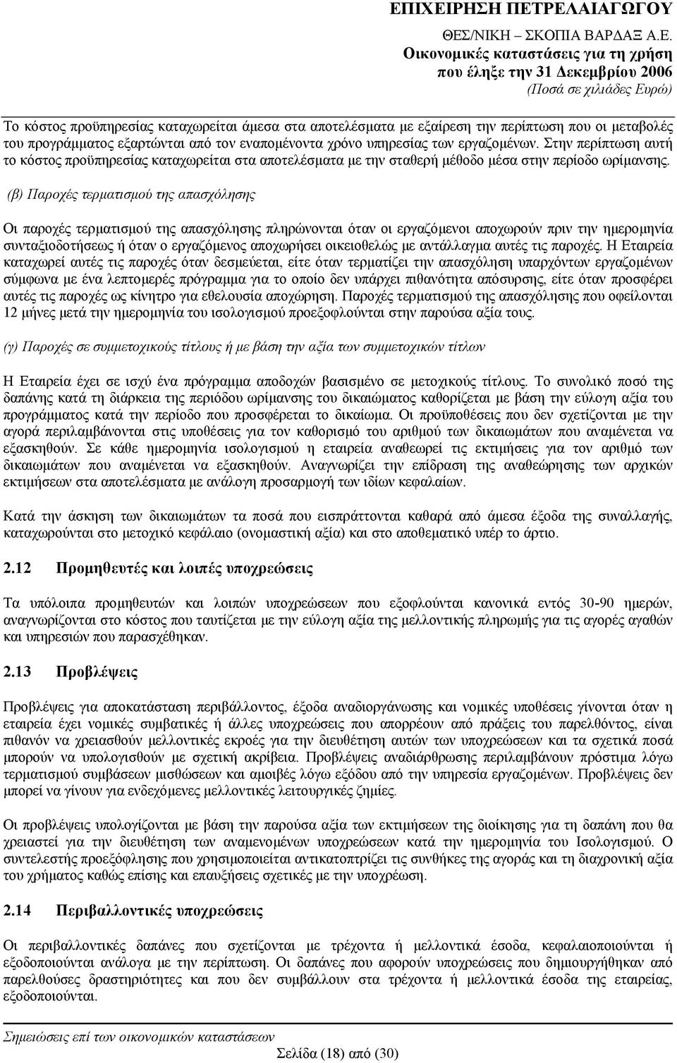 (β) Παροχές τερματισμού της απασχόλησης Οι παροχές τερματισμού της απασχόλησης πληρώνονται όταν οι εργαζόμενοι αποχωρούν πριν την ημερομηνία συνταξιοδοτήσεως ή όταν ο εργαζόμενος αποχωρήσει