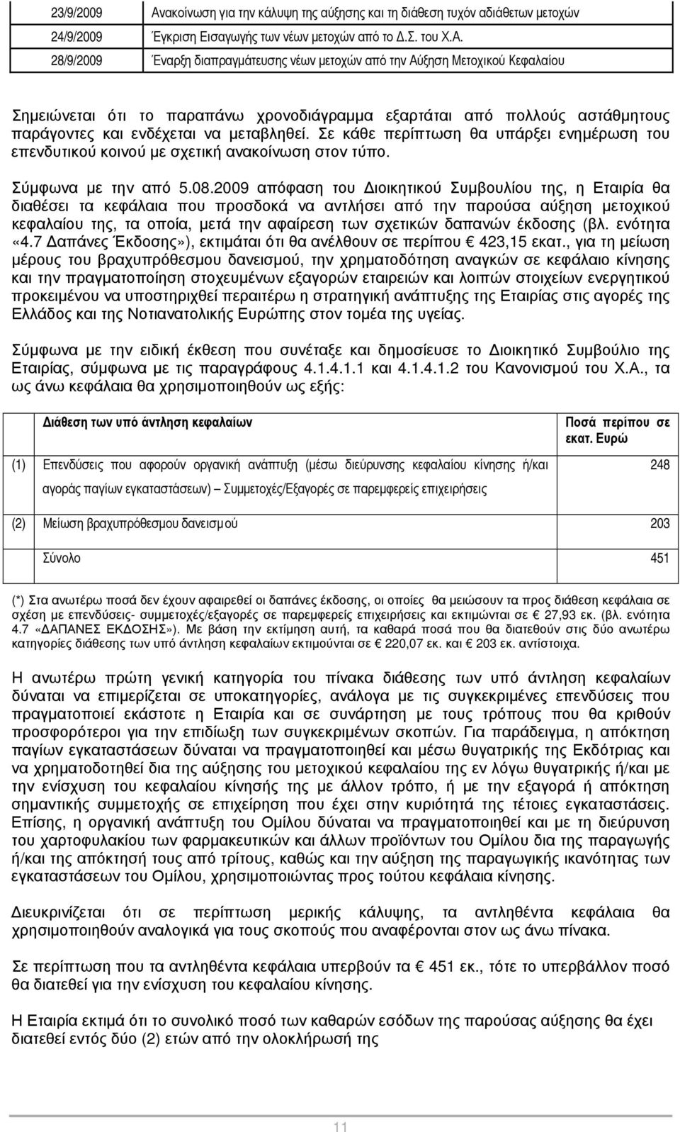 28/9/2009 Έναρξη διαπραγμάτευσης νέων μετοχών από την Αύξηση Μετοχικού Κεφαλαίου Σημειώνεται ότι το παραπάνω χρονοδιάγραμμα εξαρτάται από πολλούς αστάθμητους παράγοντες και ενδέχεται να μεταβληθεί.