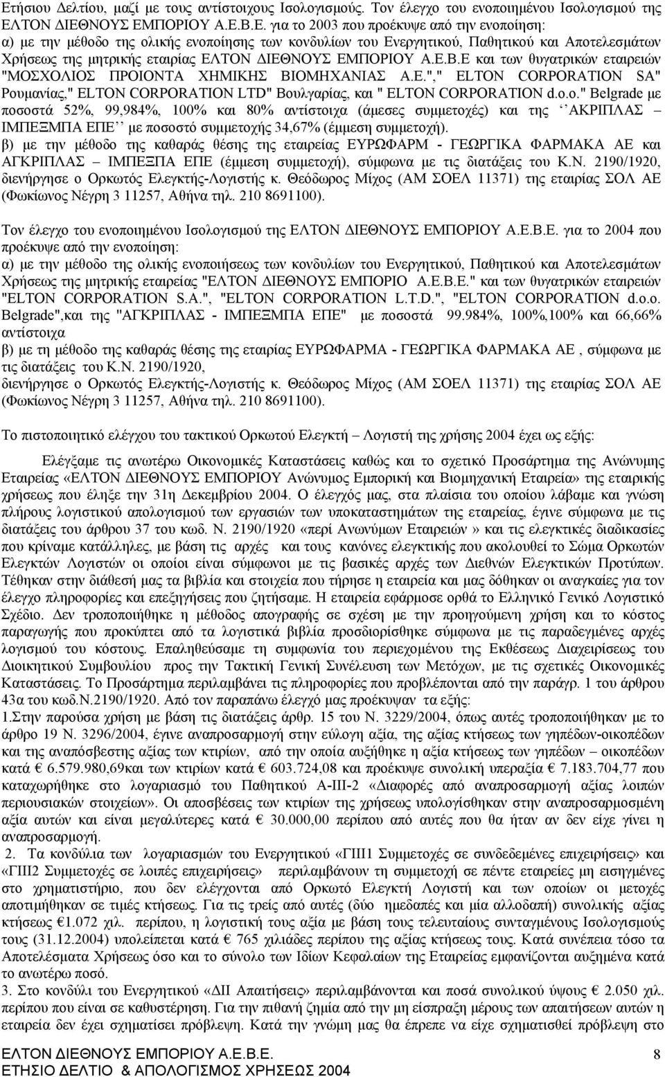 μητρικής εταιρίας ΕΛΤΟΝ ΔΙΕΘΝΟΥΣ ΕΜΠΟΡΙΟΥ Α.Ε.Β.Ε και των θυγατρικών εταιρειών "ΜΟΣΧΟΛΙΟΣ ΠΡΟΙΟΝΤΑ ΧΗΜΙΚΗΣ ΒΙΟΜΗΧΑΝΙΑΣ Α.Ε."," ELTON CORPORATION SA" Ρουμανίας," ELTON CORPORATION LTD" Βουλγαρίας, και " ELTON CORPORATION d.