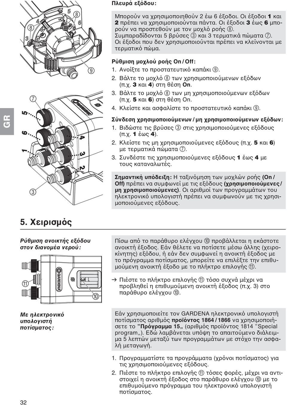 2. Βάλτε το μοχλό 8 των χρησιμοποιούμενων εξόδων (π.χ. 3 και 4) στη θέση On. 3. Βάλτε το μοχλό 8 των μη χρησιμοποιούμενων εξόδων (π.χ. 5 και 6) στη θέση On. 4. Κλείστε και ασφαλίστε το προστατευτικό καπάκι 9.