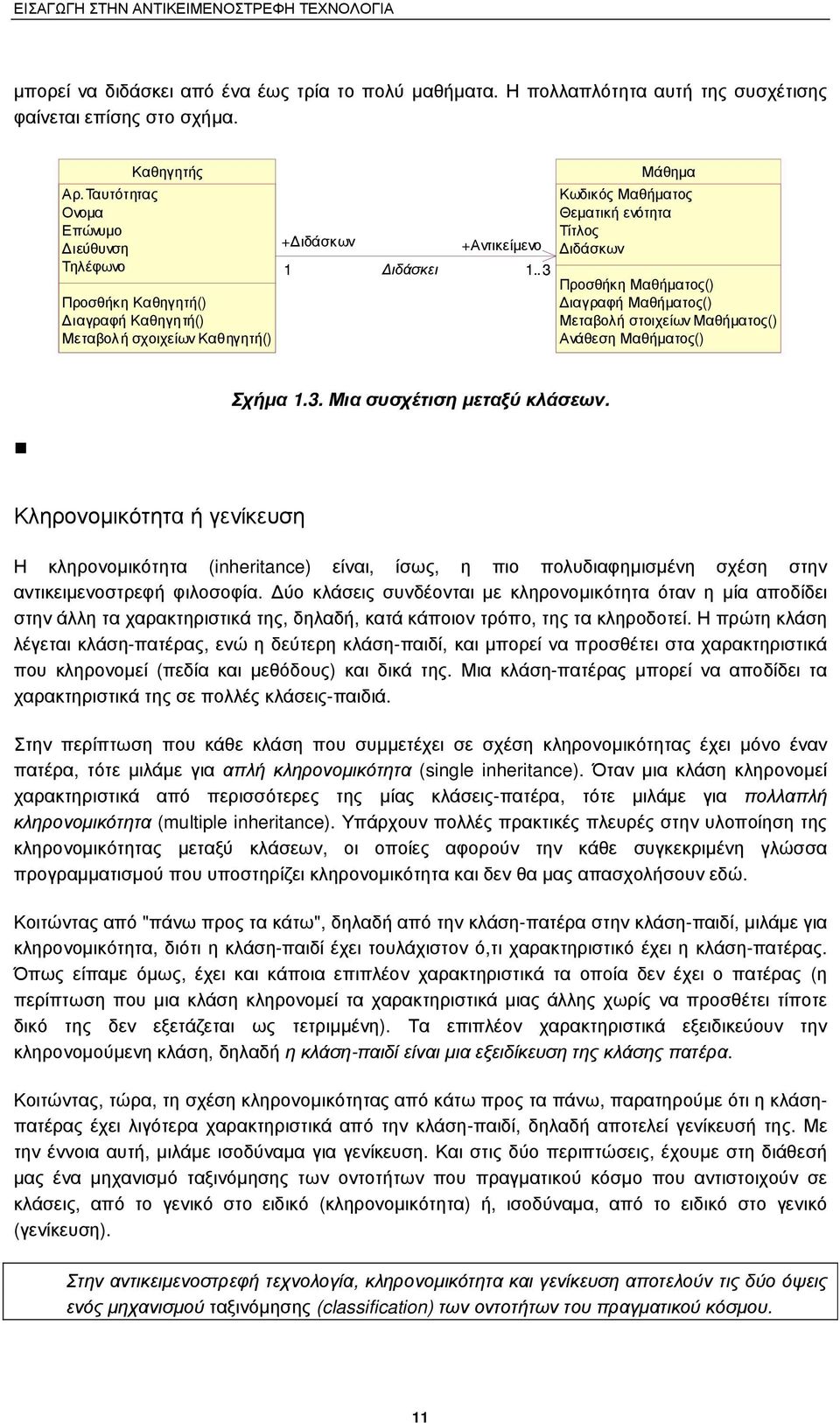 .3 Μάθηµα Κωδικός Μαθήµατος Θεµατική ενότητα Τίτλος ιδάσκων Προσθήκη Μαθήµατος() ιαγραφή Μαθήµατος() Μεταβολή στοιχείων Μαθήµατος() Ανάθεση Μαθήµατος() Σχήµα 1.3. Μια συσχέτιση µεταξύ κλάσεων.