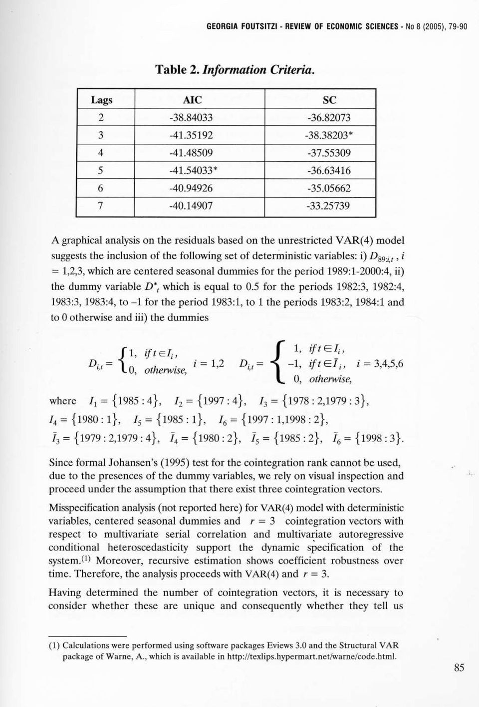 ; 1, ί = 1,2,3, which are centered seasonal dummies for the period 1989:1-2000:4, ii) the dummy variable DΊ which is equal to 0.