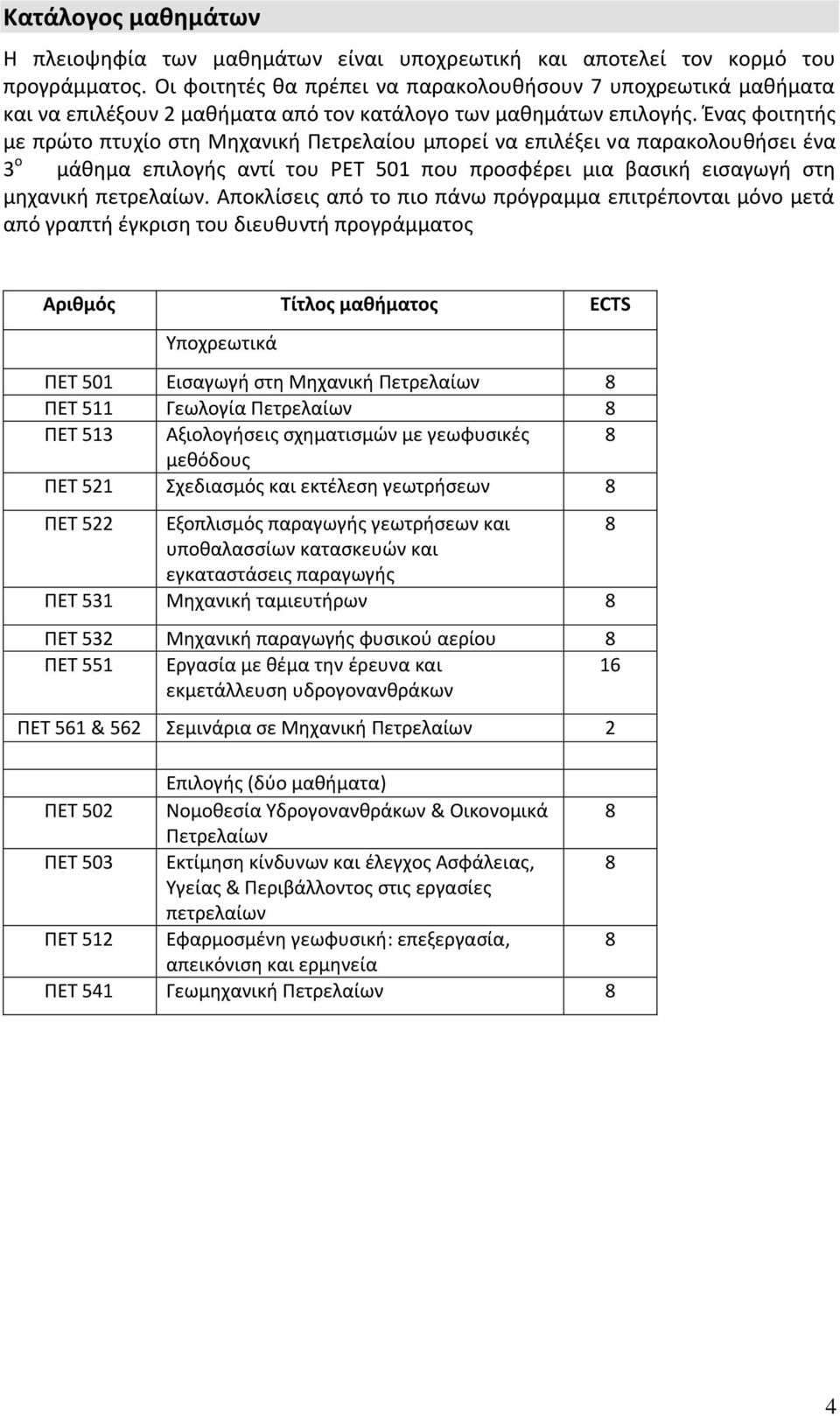 Ένας φοιτητής με πρώτο πτυχίο στη Μηχανική Πετρελαίου μπορεί να επιλέξει να παρακολουθήσει ένα 3 ο μάθημα επιλογής αντί του PET 501 που προσφέρει μια βασική εισαγωγή στη μηχανική πετρελαίων.