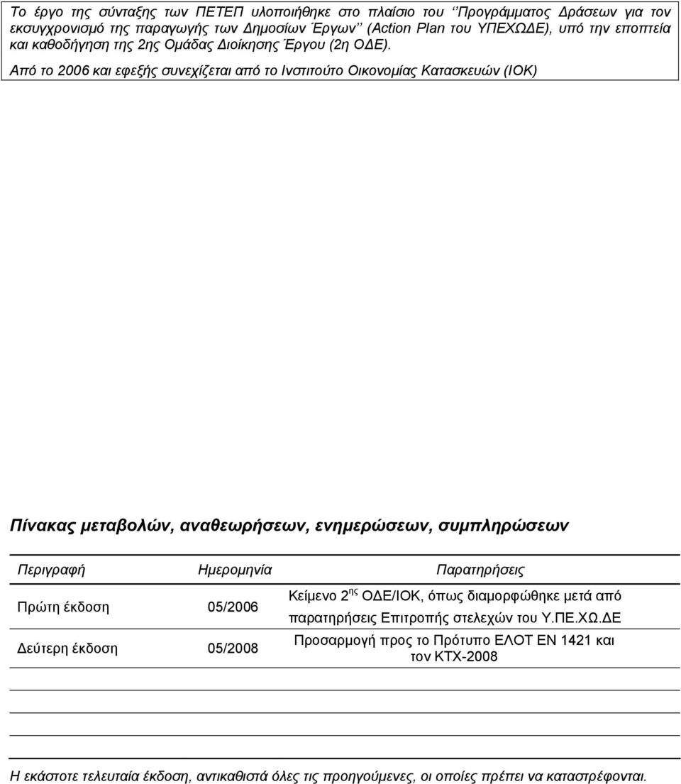 Από το 2006 και εφεξής συνεχίζεται από το Ινστιτούτο Οικονομίας Κατασκευών (ΙΟΚ) Πίνακας μεταβολών, αναθεωρήσεων, ενημερώσεων, συμπληρώσεων Περιγραφή Hμερομηνία Παρατηρήσεις