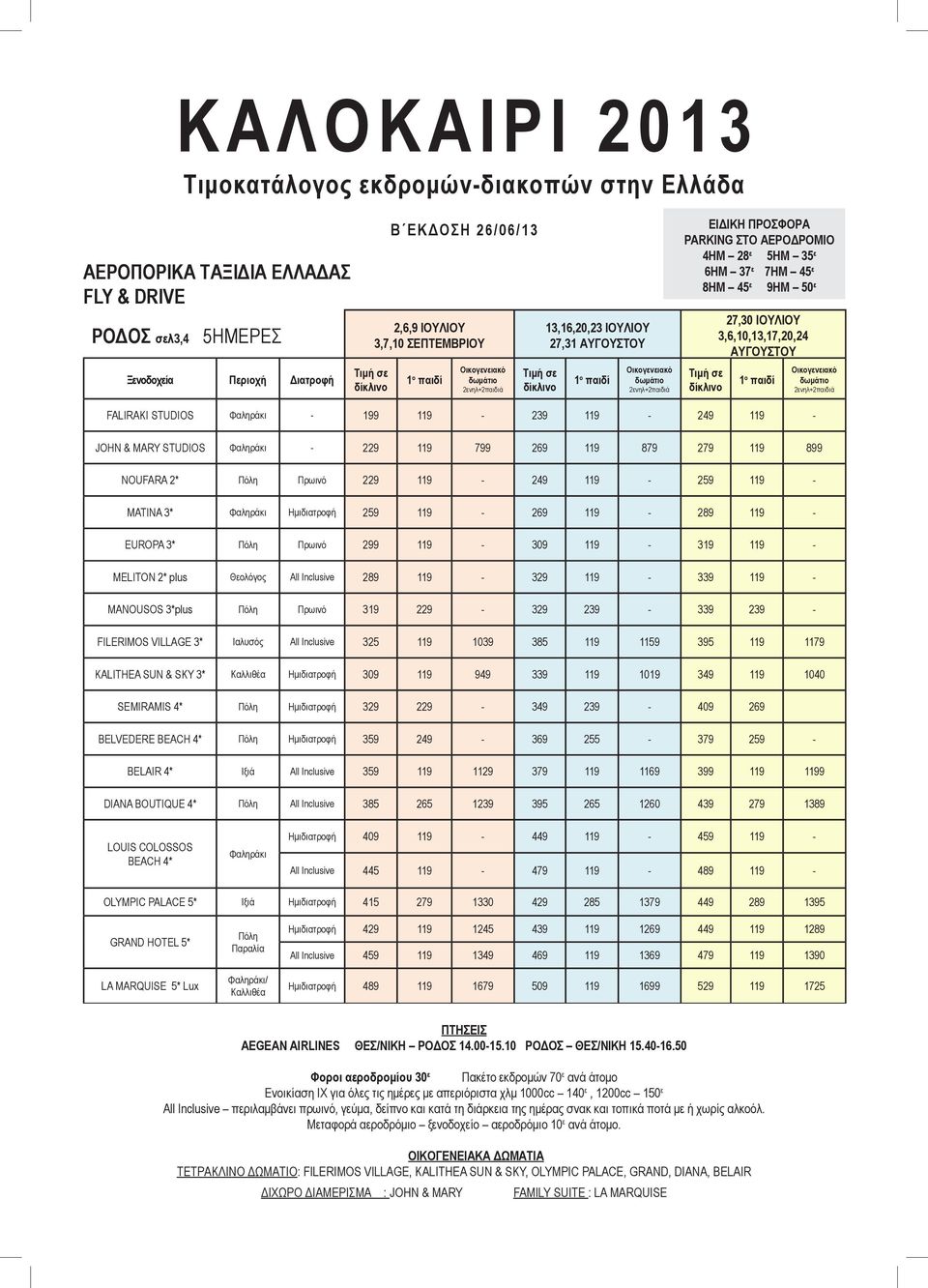 JOHN & MARY STUDIOS Φαληράκι - 229 119 799 269 119 879 279 119 899 NOUFARA 2* Πόλη Πρωινό 229 119-249 119-259 119 - MATINA 3* Φαληράκι Hμιδιατροφή 259 119-269 119-289 119 - EUROPA 3* Πόλη Πρωινό 299