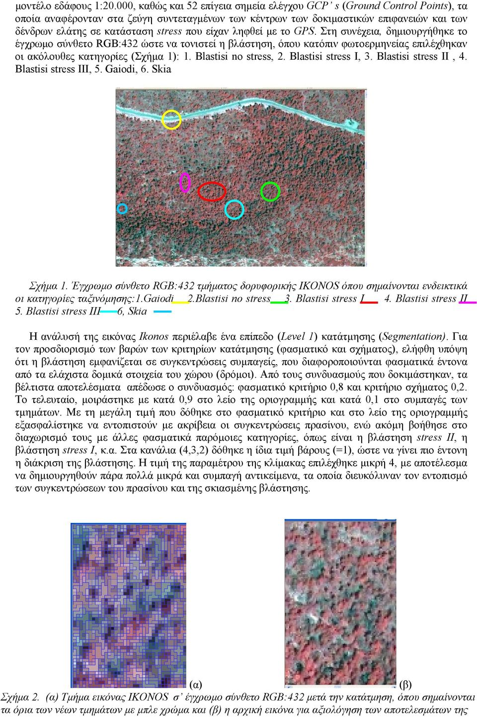 που είχαν ληφθεί με το GPS. Στη συνέχεια, δημιουργήθηκε το έγχρωμο σύνθετο RGB:432 ώστε να τονιστεί η βλάστηση, όπου κατόπιν φωτοερμηνείας επιλέχθηκαν οι ακόλουθες κατηγορίες (Σχήμα 1): 1.