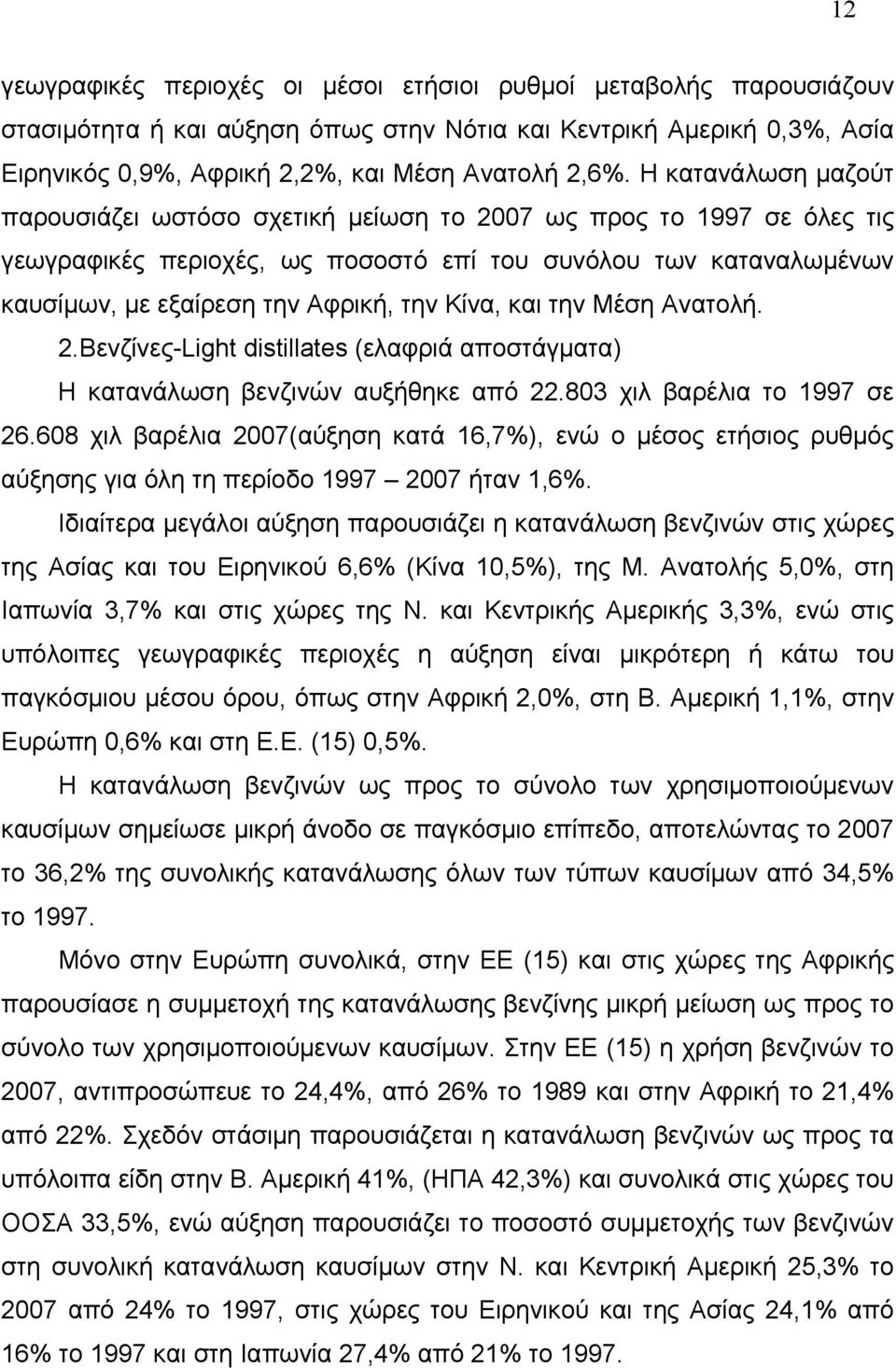 Κίνα, και την Μέση Ανατολή. 2.Βενζίνες-Light distillates (ελαφριά αποστάγματα) Η κατανάλωση βενζινών αυξήθηκε από 22.803 χιλ βαρέλια το 1997 σε 26.