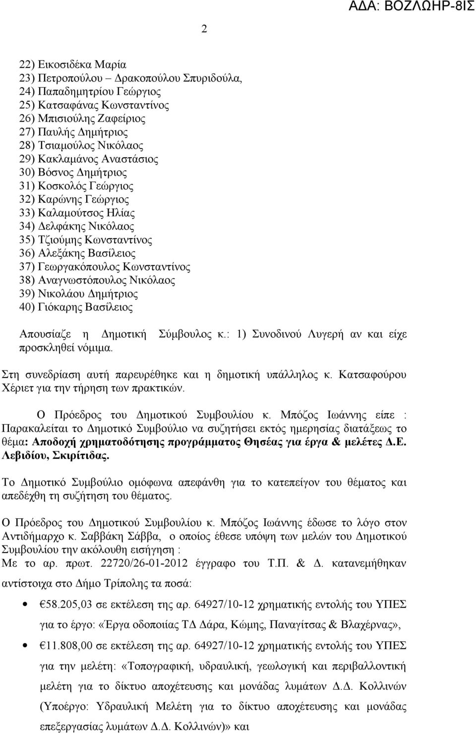 Κωνσταντίνος 38) Αναγνωστόπουλος Νικόλαος 39) Νικολάου Δημήτριος 40) Γιόκαρης Βασίλειος Απουσίαζε η Δημοτική Σύμβουλος κ.: 1) Συνοδινού Λυγερή αν και είχε προσκληθεί νόμιμα.