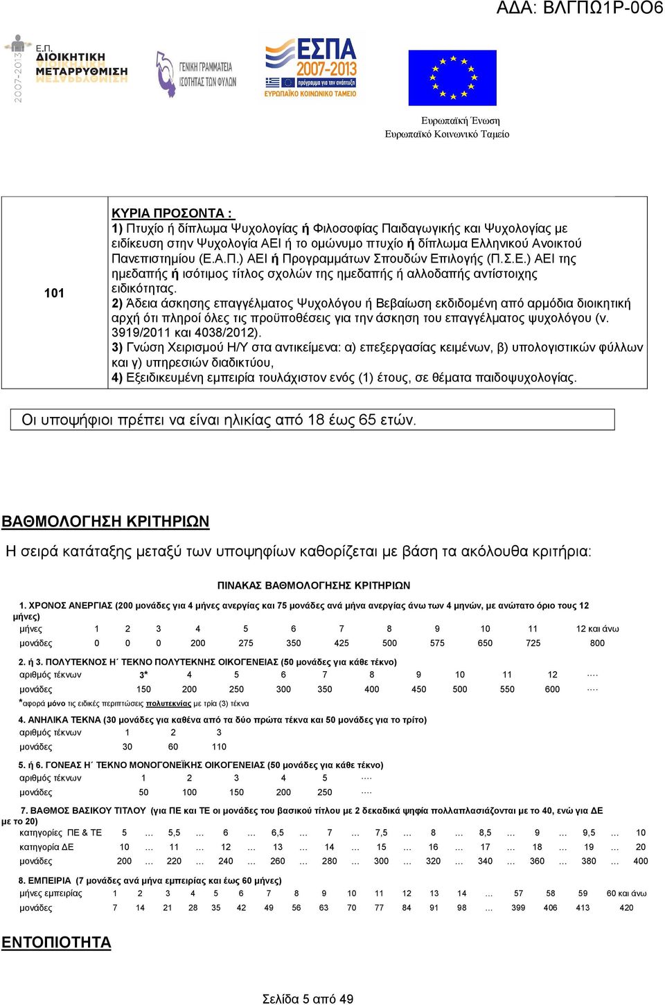 2) Άδεια άσκησης επαγγέλματος Ψυχολόγου ή Βεβαίωση εκδιδομένη από αρμόδια διοικητική αρχή ότι πληροί όλες τις προϋποθέσεις για την άσκηση του επαγγέλματος ψυχολόγου (ν. 3919/2011 και 4038/2012).