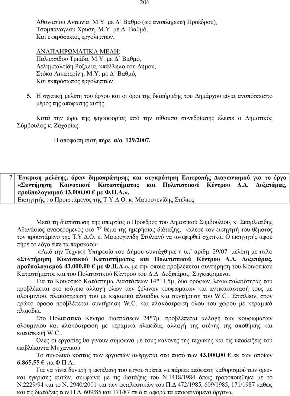 Κατά την ώρα της ψηφοφορίας από την αίθουσα συνεδρίασης έλειπε ο Δημοτικός Σύμβουλος κ. Ζαχαρίας. Η απόφαση αυτή πήρε α/α 129/2007. 7.