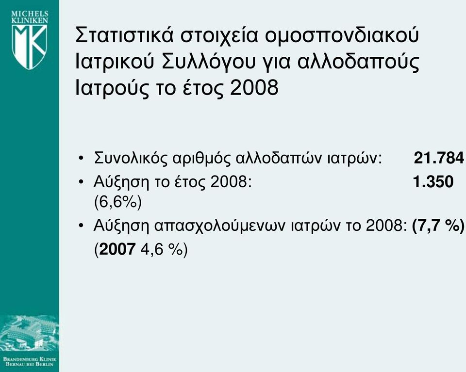 αλλοδαπών ιατρών: 21.784 Αύξηση το έτος 2008: 1.