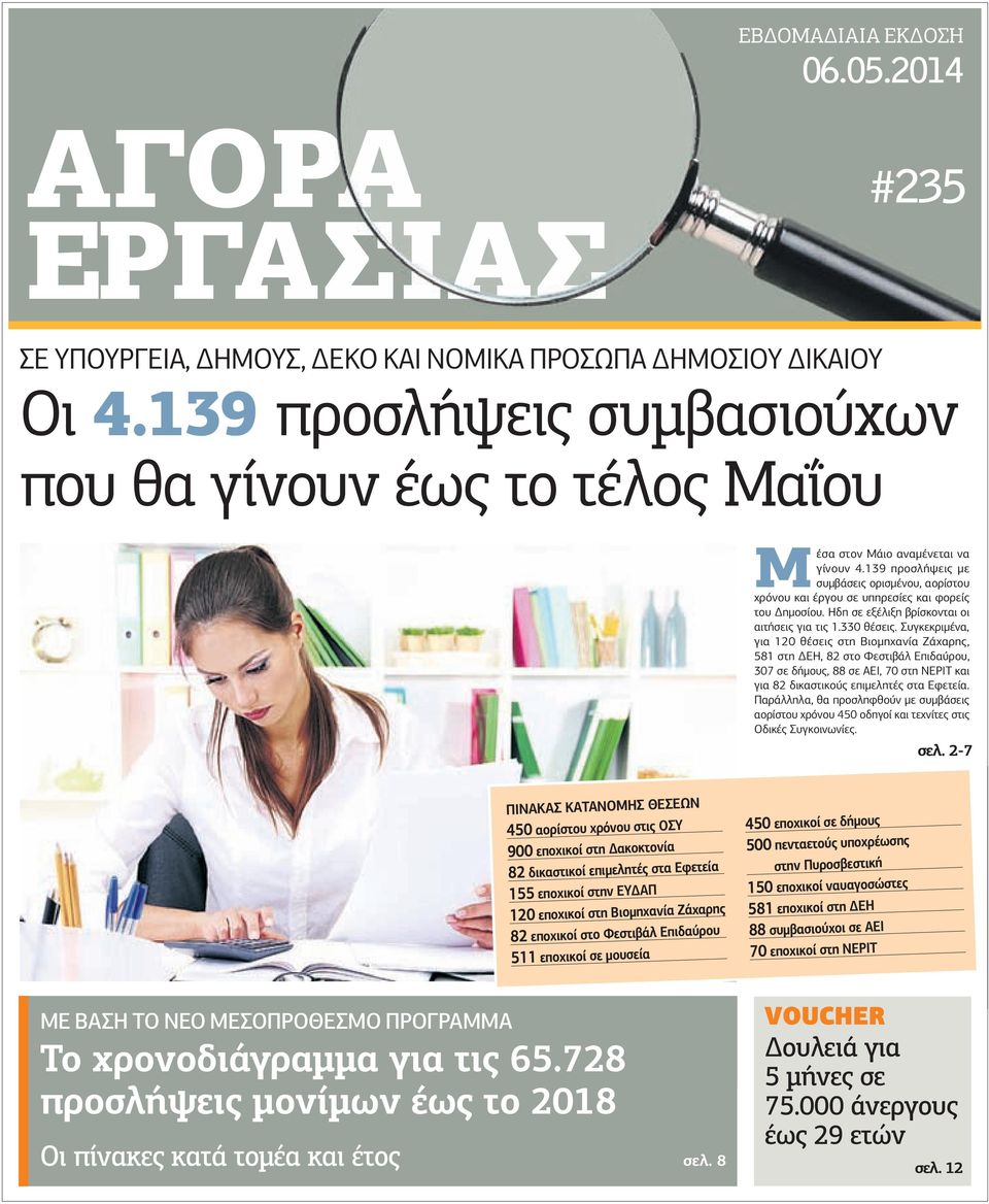 139 προσλήψεις µε συµβάσεις ορισµένου, αορίστου χρόνου και έργου σε υπηρεσίες και φορείς του ηµοσίου. Ηδη σε εξέλιξη βρίσκονται οι αιτήσεις για τις 1.330 θέσεις.