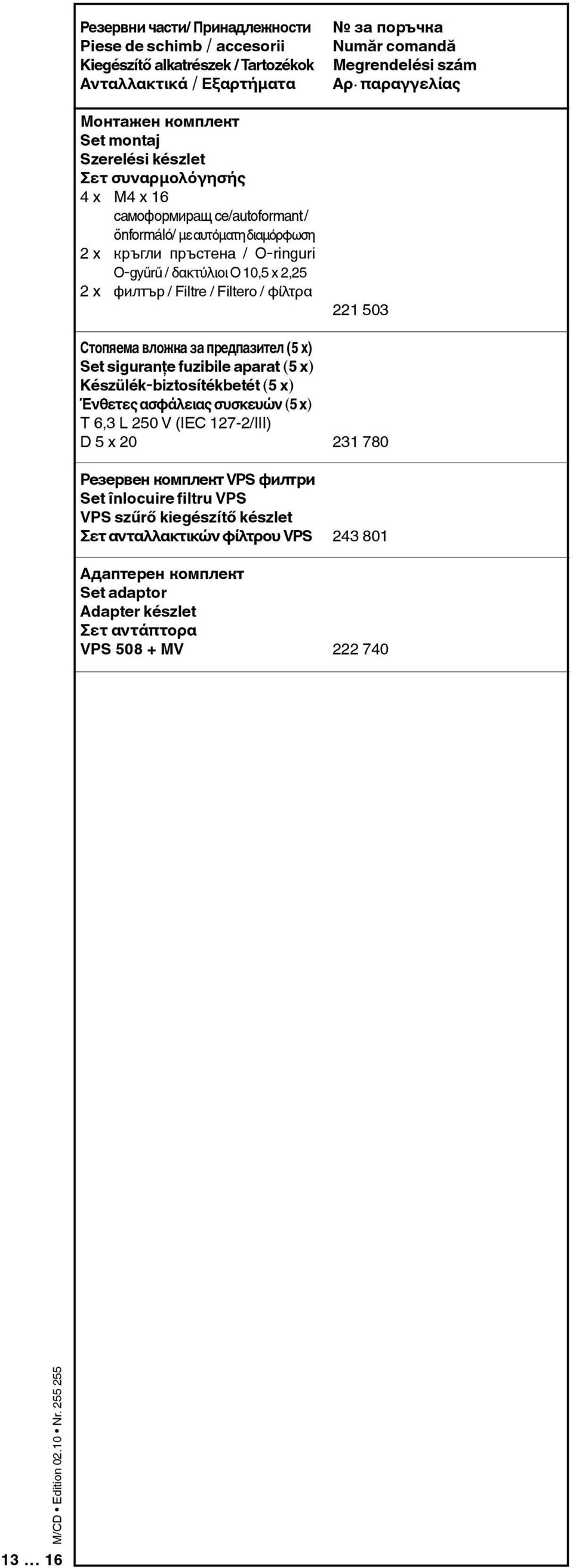 Set siguranţe fuzibile arat (5 x) Készülék-biztosítékbetét (5 x) Ένθετες ασφάλειας συσκευών (5 x) T 6,3 L 50 V (IEC 17-/III) D 5 x 0 Резервен комплект VPS филтри Set înlocuire filtru VPS VPS szűrő