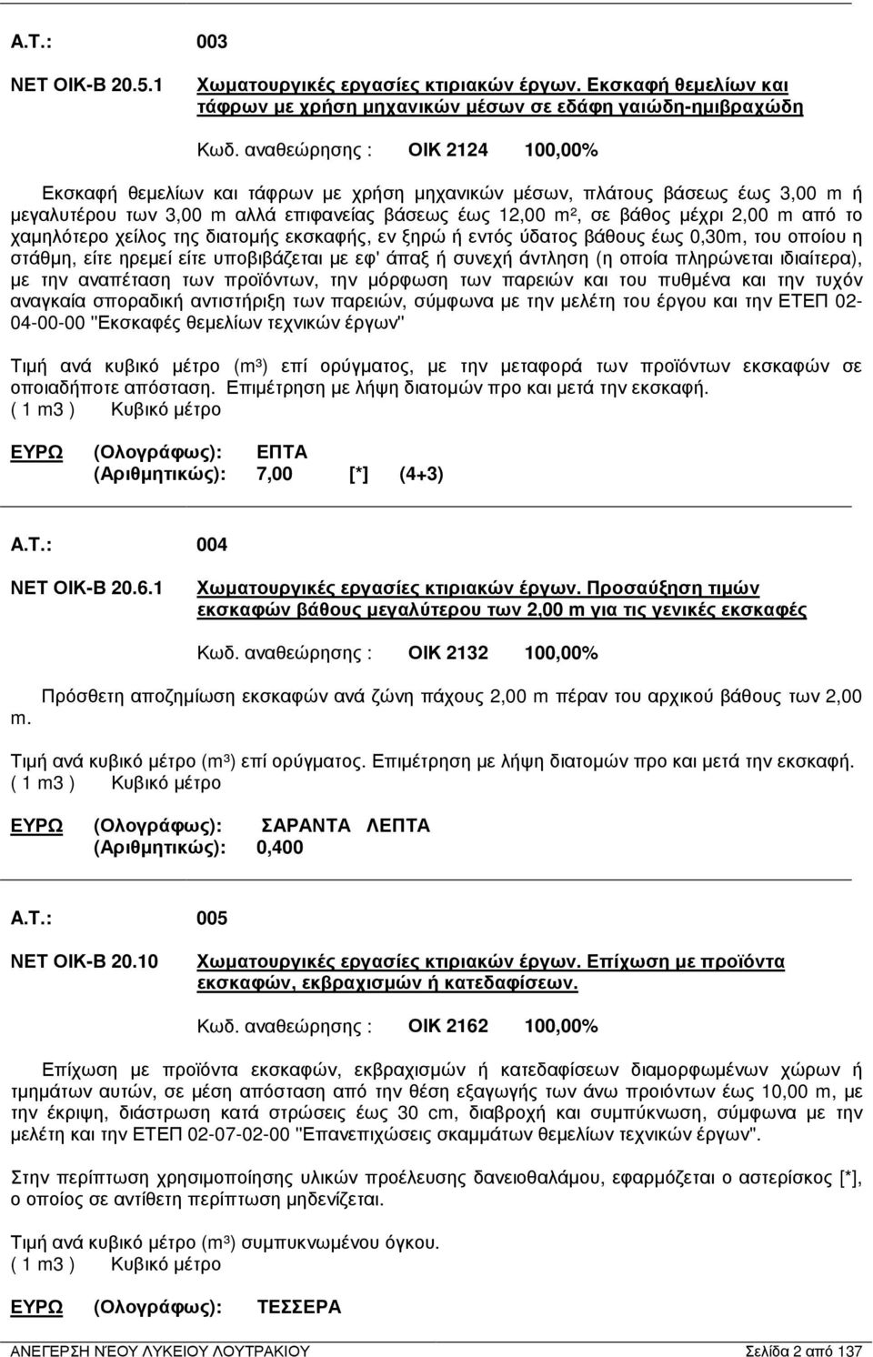 το χαµηλότερο χείλος της διατοµής εκσκαφής, εν ξηρώ ή εντός ύδατος βάθους έως 0,30m, του οποίου η στάθµη, είτε ηρεµεί είτε υποβιβάζεται µε εφ' άπαξ ή συνεχή άντληση (η οποία πληρώνεται ιδιαίτερα), µε