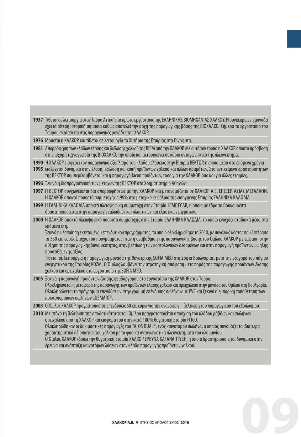 1976 Ιδρύεται η ΧΑΛΚΟΡ και τίθεται σε λειτουργία το Χυτήριο της Εταιρίας στα Οινόφυτα. 1981 Απορρόφηση των κλάδων έλασης και διέλασης χαλκού της ΒΙΕΜ από την ΧΑΛΚΟΡ.