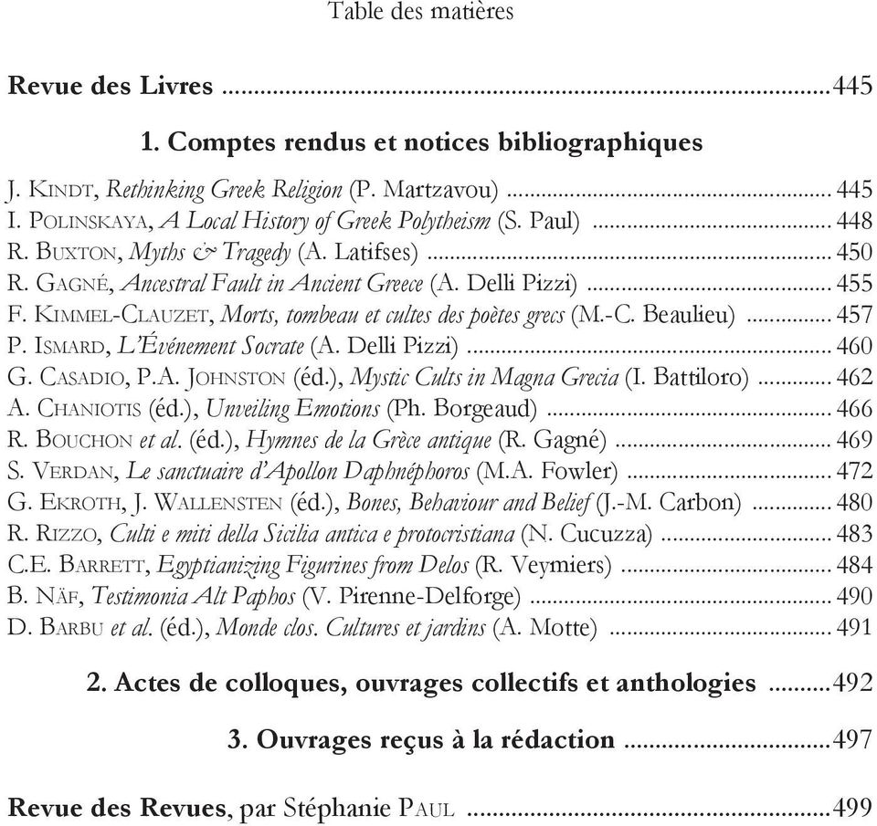 .. 457 P. Ismard, L Événement Socrate (A. Delli Pizzi)... 460 G. Casadio, P.A. Johnston (éd.), Mystic Cults in Magna Grecia (I. Battiloro)... 462 A. Chaniotis (éd.), Unveiling Emotions (Ph. Borgeaud).