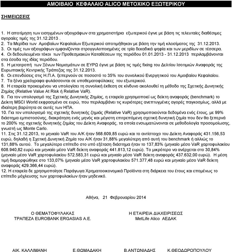 .12.2013. 3. Οι τιμές των αξιογράφων εμφανίζονται στρογγυλοποιημένες σε τρία δεκαδικά ψηφία και των μεριδίων σε τέσσερα. 4. Οι δεδουλευμένοι τόκοι των Προθεσμιακών Καταθέσεων της περιόδου 01.01.2013-31.