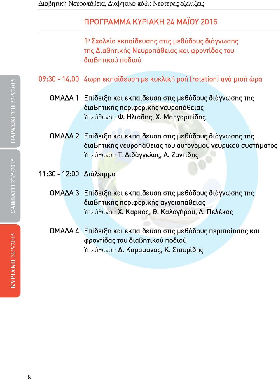 00 ΟΜΑΔΑ 1 ΟΜΑΔΑ 2 11:30-12:00 ΟΜΑΔΑ 3 ΟΜΑΔΑ 4 4ωρη εκπαίδευση με κυκλική ροή (rotation) ανά μισή ώρα Επίδειξη και εκπαίδευση στις μεθόδους διάγνωσης της διαβητικής περιφερικής νευροπάθειας