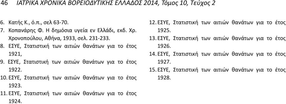 ΕΣΥΕ, Στατιστική των αιτιών θανάτων για το έτος 1923. 11. ΕΣΥΕ, Στατιστική των αιτιών θανάτων για το έτος 1924. 12.