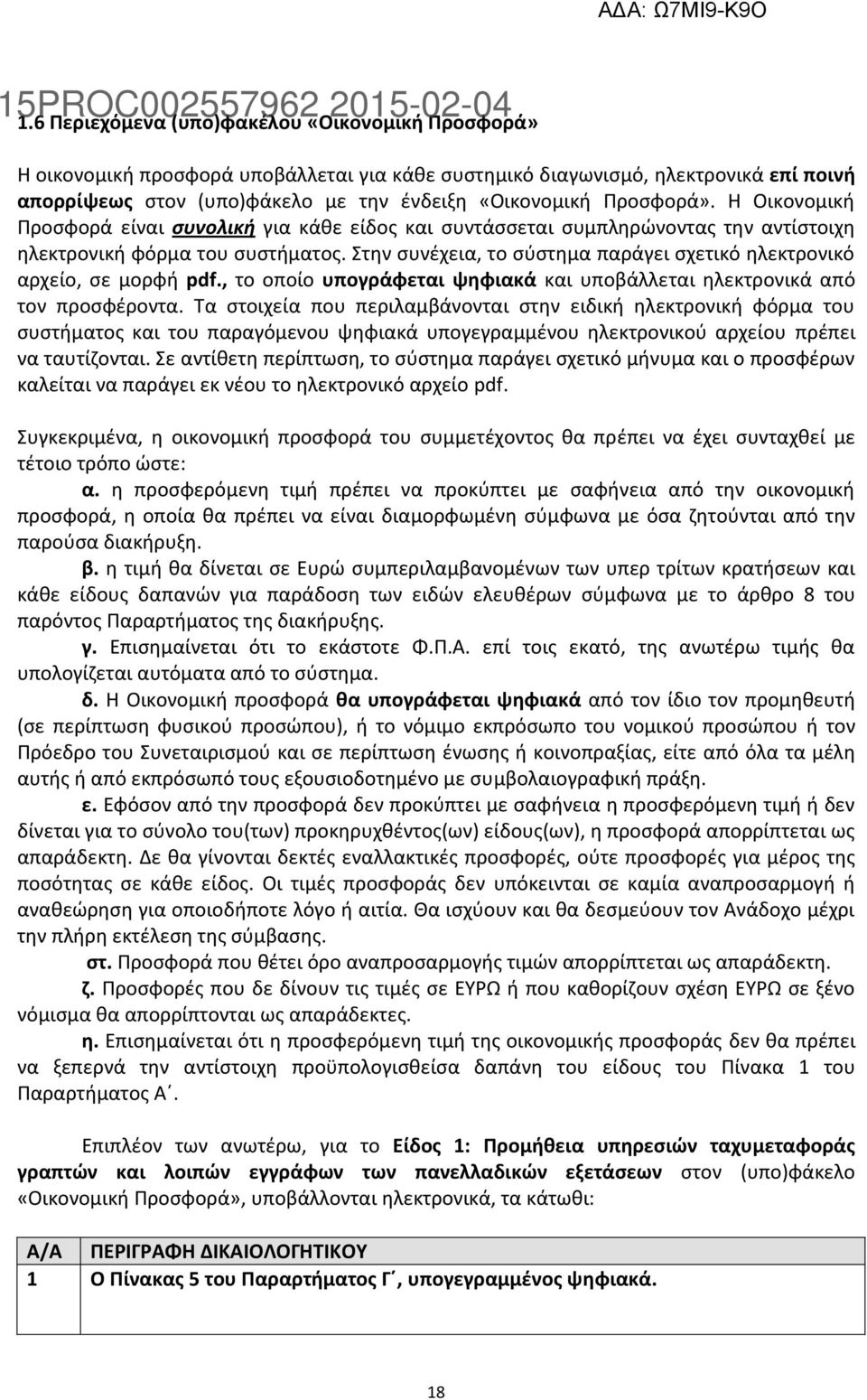 Στην συνέχεια, το σύστημα παράγει σχετικό ηλεκτρονικό αρχείο, σε μορφή pdf., το οποίο υπογράφεται ψηφιακά και υποβάλλεται ηλεκτρονικά από τον προσφέροντα.