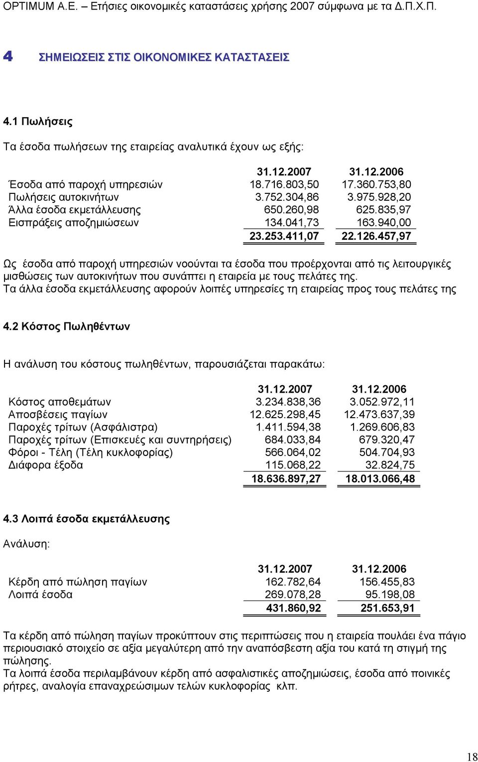 457,97 Ως έσοδα από παροχή υπηρεσιών νοούνται τα έσοδα που προέρχονται από τις λειτουργικές µισθώσεις των αυτοκινήτων που συνάπτει η εταιρεία µε τους πελάτες της.