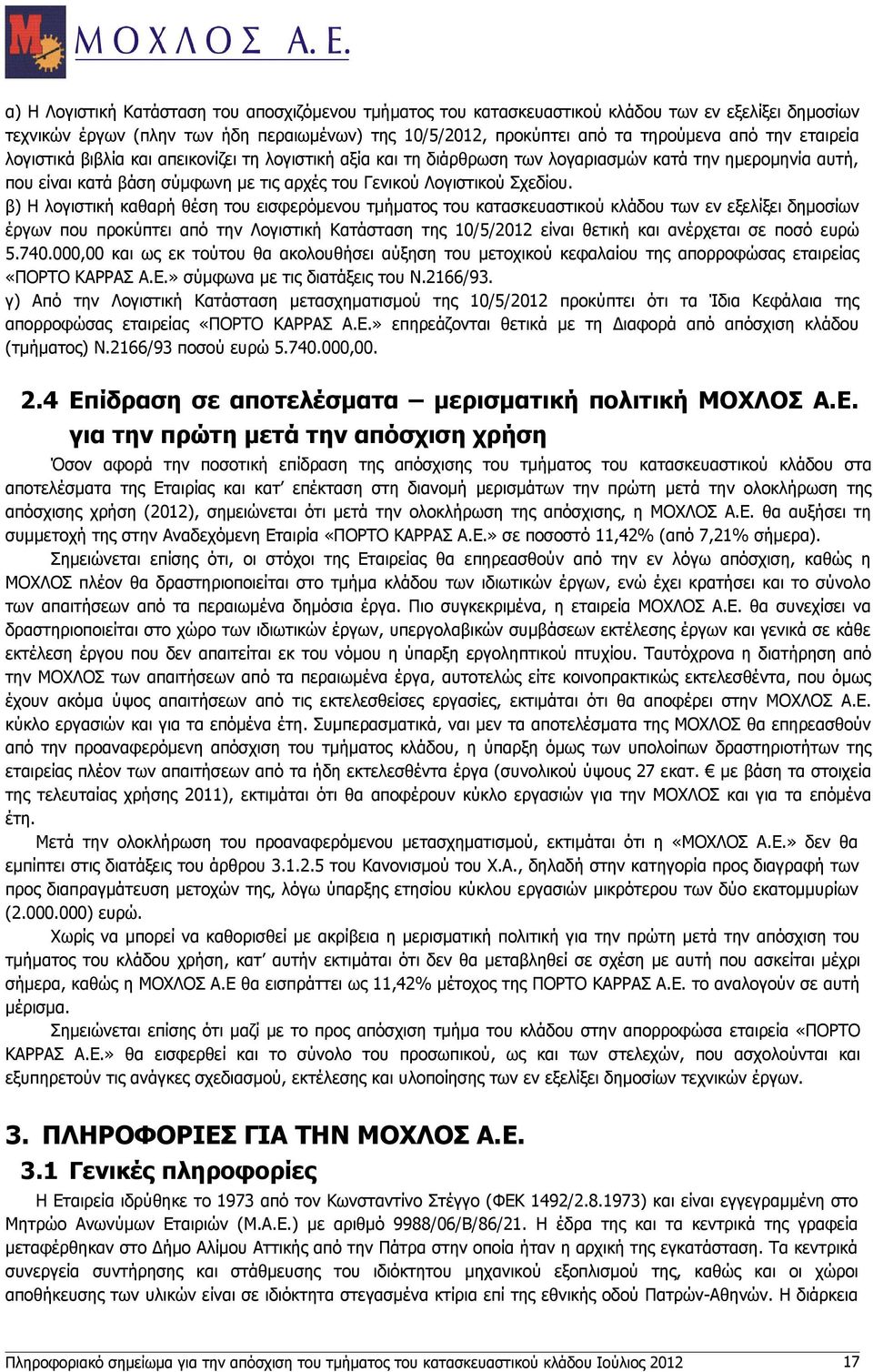 β) Η λογιστική καθαρή θέση του εισφερόμενου τμήματος του κατασκευαστικού κλάδου των εν εξελίξει δημοσίων έργων που προκύπτει από την Λογιστική Κατάσταση της 10/5/2012 είναι θετική και ανέρχεται σε