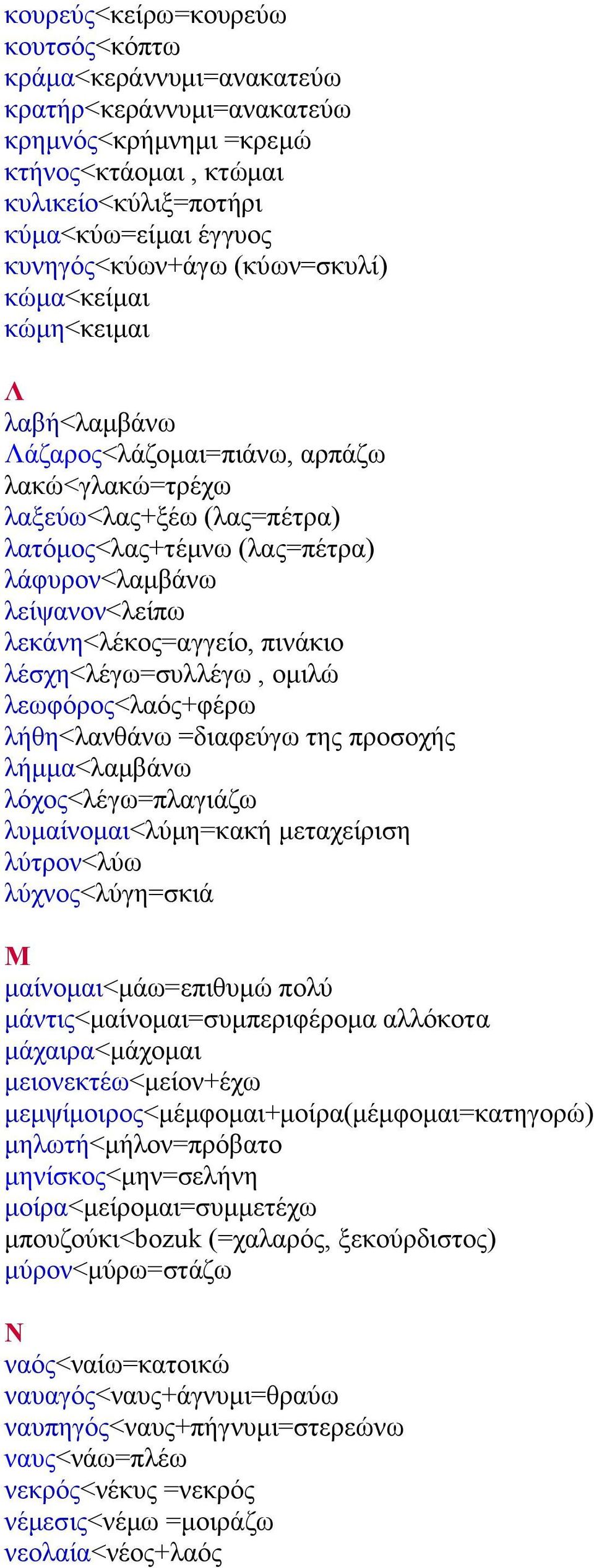 λεκάνη<λέκος=αγγείο, πινάκιο λέσχη<λέγω=συλλέγω, ομιλώ λεωφόρος<λαός+φέρω λήθη<λανθάνω =διαφεύγω της προσοχής λήμμα<λαμβάνω λόχος<λέγω=πλαγιάζω λυμαίνομαι<λύμη=κακή μεταχείριση λύτρον<λύω