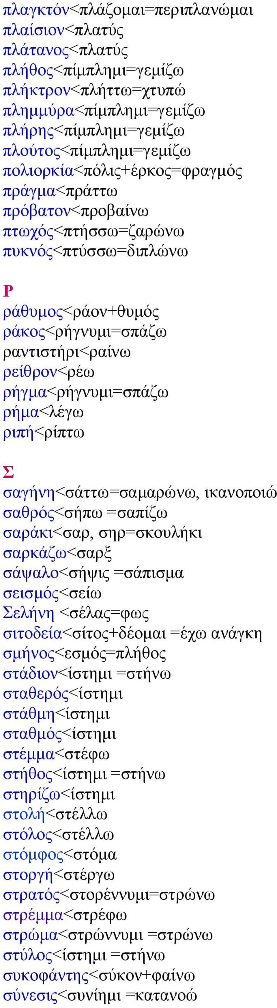 ρήμα<λέγω ριπή<ρίπτω Σ σαγήνη<σάττω=σαμαρώνω, ικανοποιώ σαθρός<σήπω =σαπίζω σαράκι<σαρ, σηρ=σκουλήκι σαρκάζω<σαρξ σάψαλο<σήψις =σάπισμα σεισμός<σείω Σελήνη <σέλας=φως σιτοδεία<σίτος+δέομαι =έχω