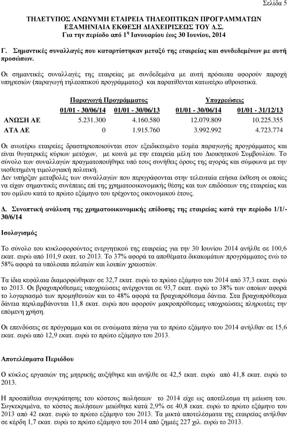 Οι σημαντικές συναλλαγές της εταιρείας με συνδεδεμένα με αυτή πρόσωπα αφορούν παροχή υπηρεσιών (παραγωγή τηλεοπτικού προγράμματος) και παρατίθενται κατωτέρω αθροιστικά.