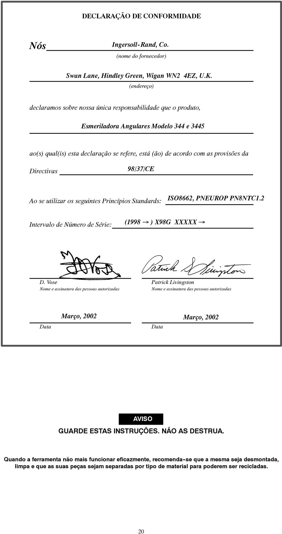 Directivas 98/37/CE Ao se utilizar os seguintes Princípios Standards: ISO8662, PNEUROP PN8NTC1.2 Intervalo de Número de Série: (1998 ) X98G XXXXX D.