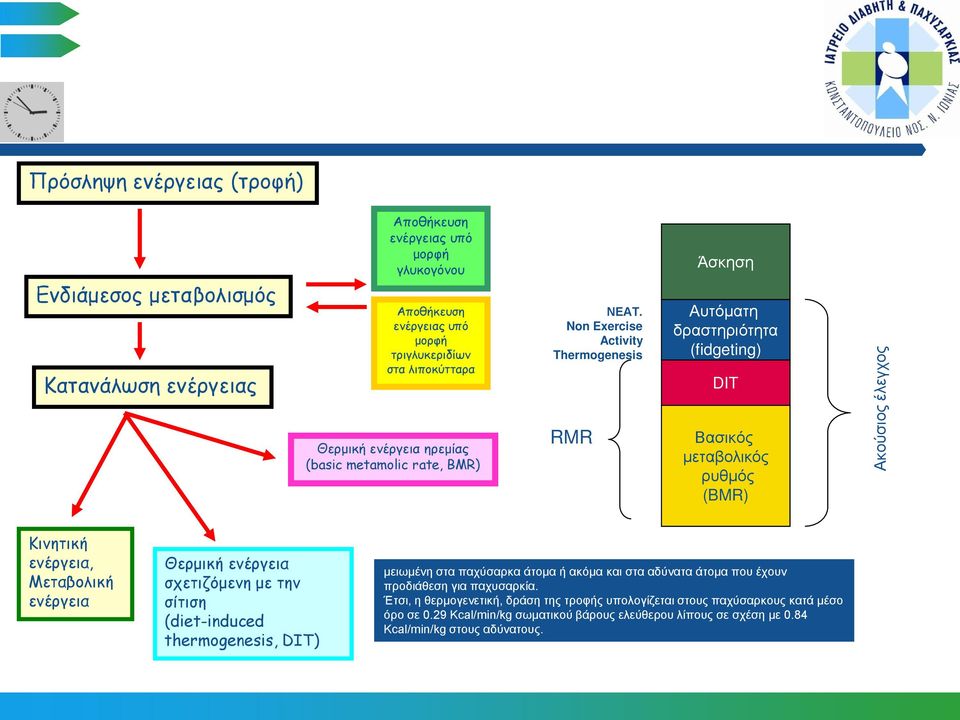 Non Exercise Activity Thermogenesis RMR Άσκηση Αυτόματη δραστηριότητα (fidgeting) DIT Βασικός μεταβολικός ρυθμός (BMR) Ακούσιος έλεγχος Κινητική ενέργεια, Μεταβολική ενέργεια Θερμική ενέργεια