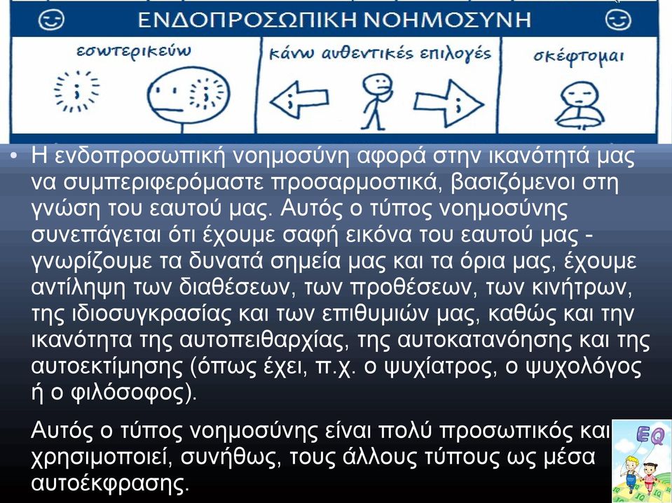 των προθέσεων, των κινήτρων, της ιδιοσυγκρασίας και των επιθυμιών μας, καθώς και την ικανότητα της αυτοπειθαρχίας, της αυτοκατανόησης και της αυτοεκτίμησης